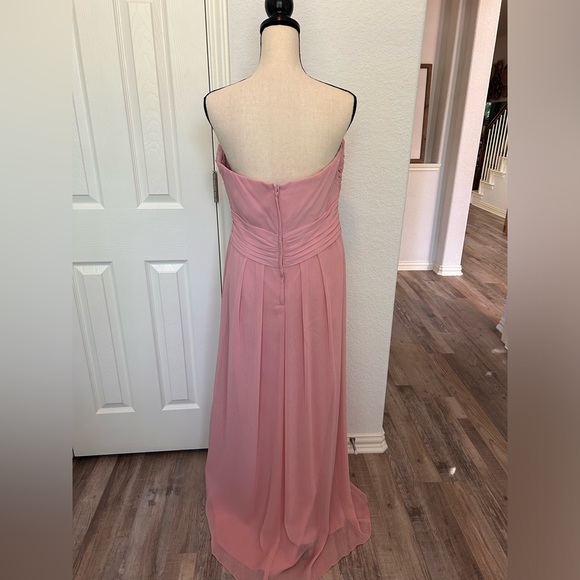 David’s Bridal Strapless Pink Crinkle Chiffon Bridesmaid Dress with Cascade - Picture 2 of 9